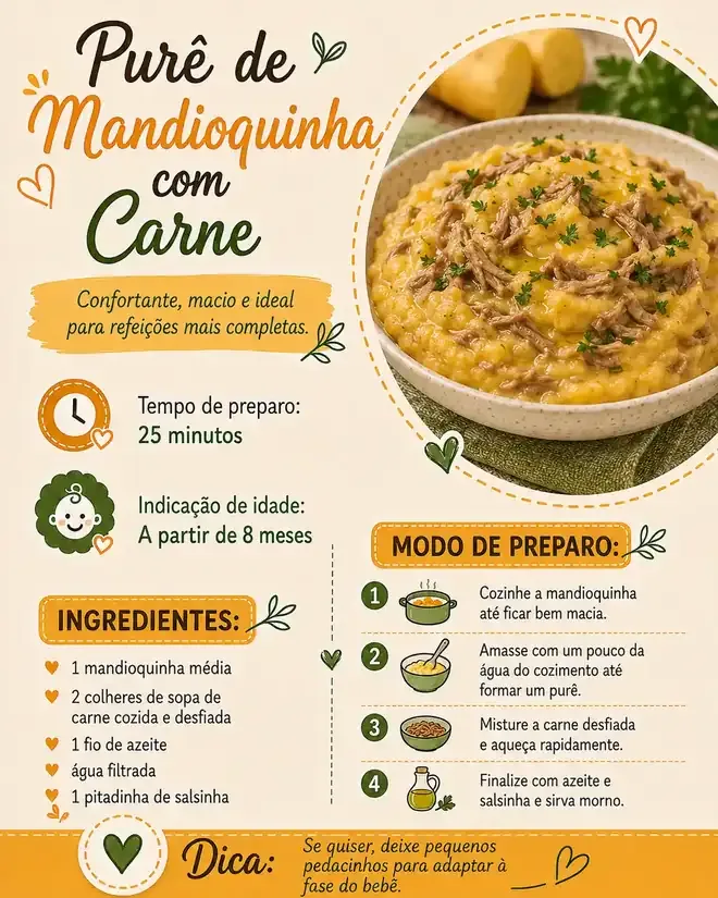 Ficha I04 do PDF, 4 de 11: Purê de mandioquinha com carne, a partir de 8 meses