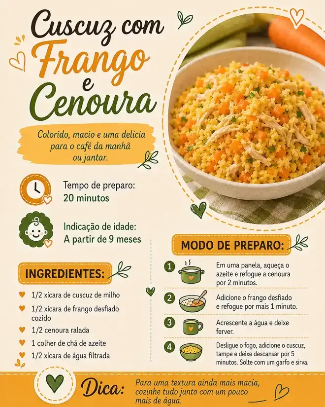 Ficha I06 do PDF, 6 de 11: Cuscuz com frango e cenoura, a partir de 9 meses