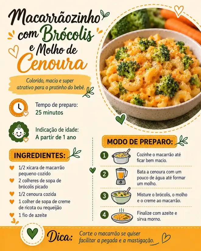 Ficha I09 do PDF, 9 de 11: Macarrãozinho com brócolis e molho de cenoura, a partir de 1 ano